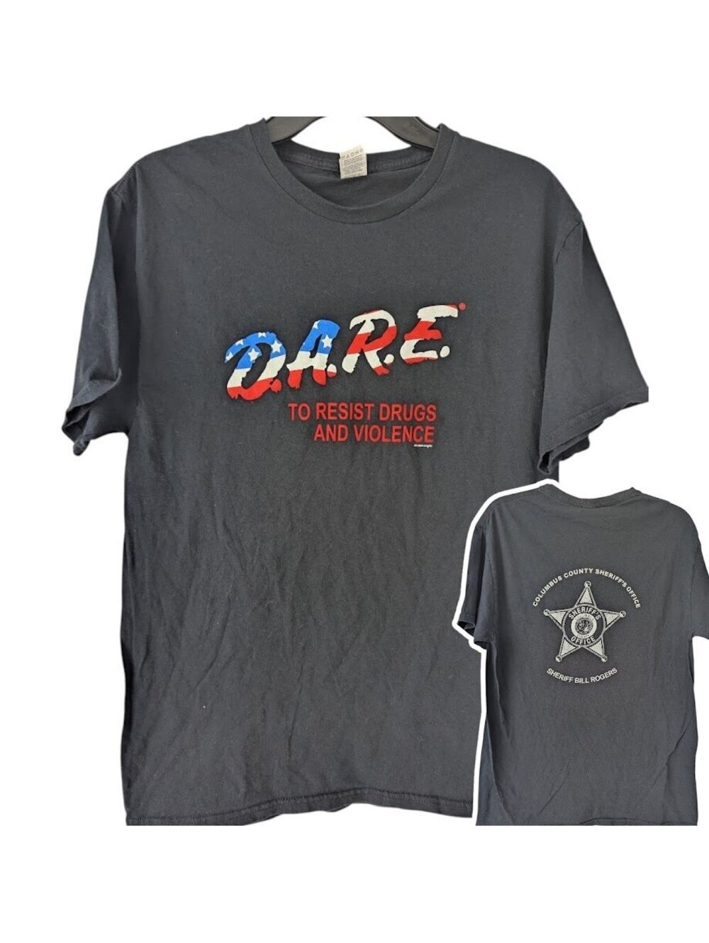 DARE American Flag NC Sheriff T-Shirt Mens Medium Black Retro Graphic 18.5x27.5